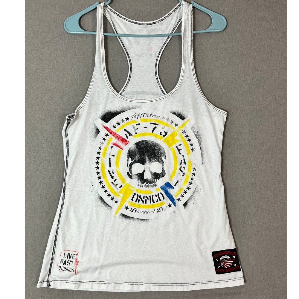 Vintage Affliction Racerback Tank Top Large Cotton Skull Graphic White EUC